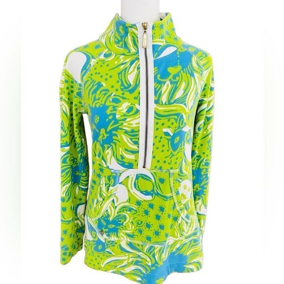 Lilly Pulitzer Green /Blue Roar Of The Jungle Skipper Popover Half Zip Top Sz XS - Picture 2 of 8